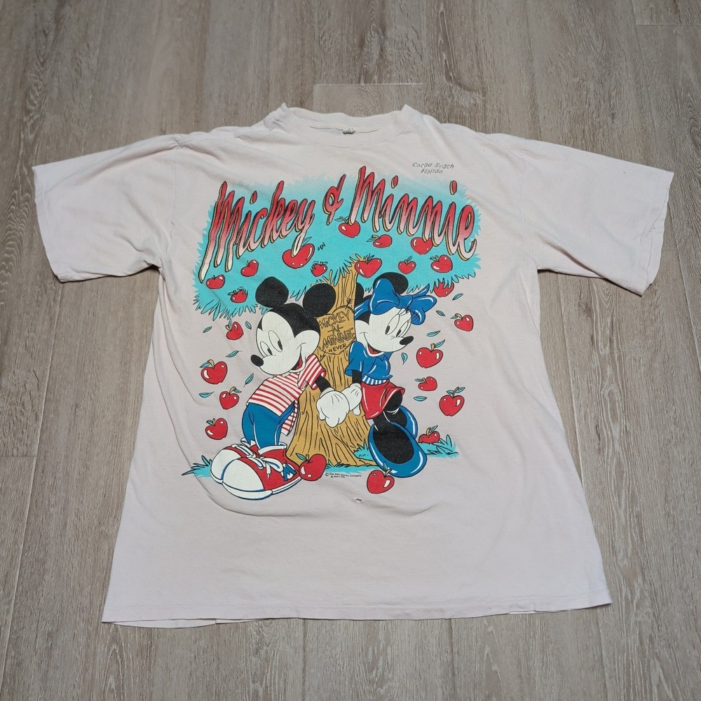 Vintage 90s Mickey Minnie Mouse Love T-Shirt L Cocoa Beach‎ Florida Flaws USA